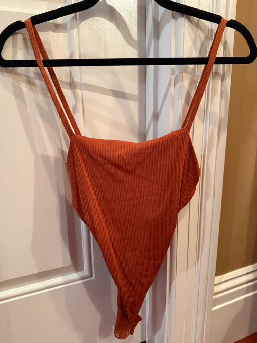 Lulu's Rust Orange Ribbed Triangle Bodysuit